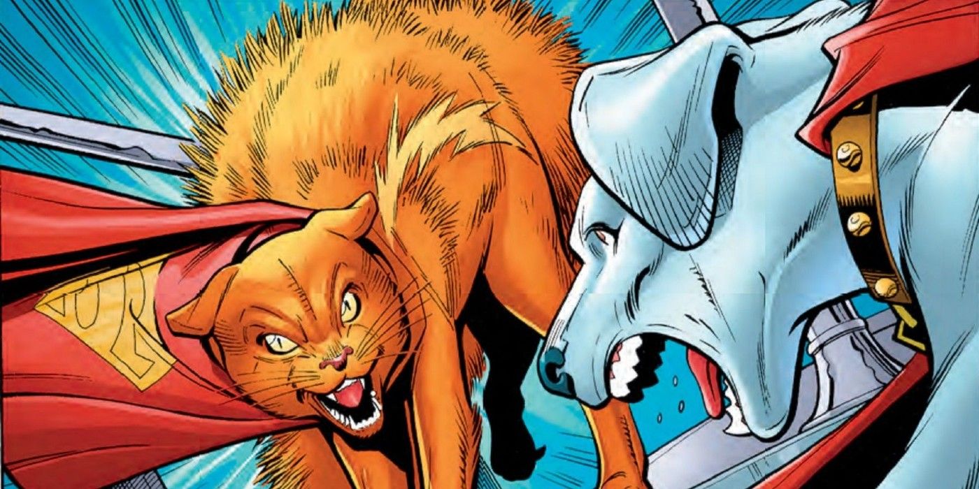 Streaky the Super-Cat baring his teeth at Krypto.