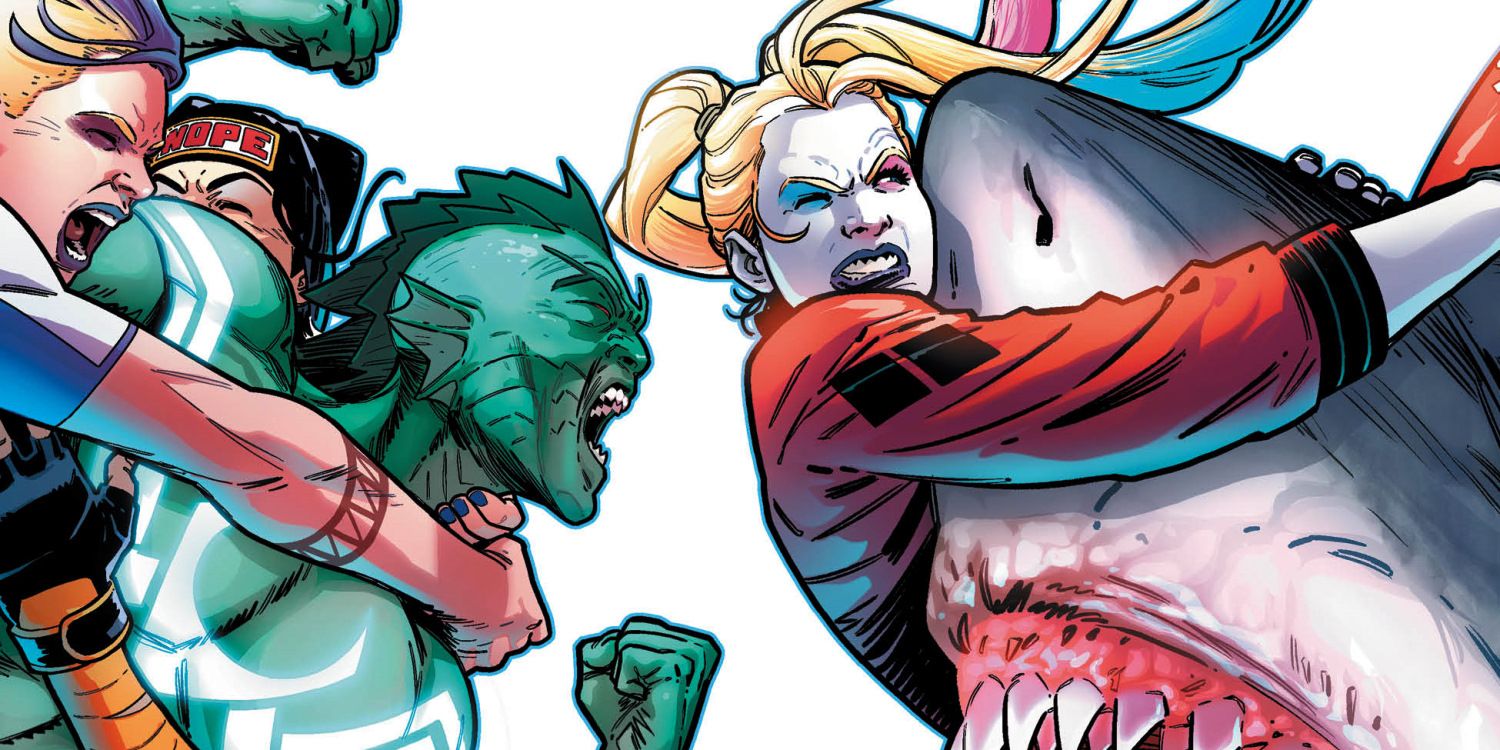 Comic book art: Harley Quinn holding back King Shark from a fight with Lagoon Boy.