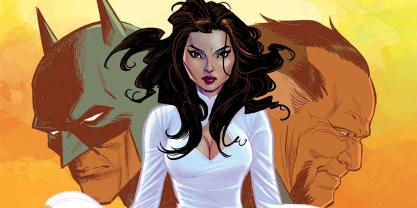 Talia in the comics with Batman and Ra&rsquo;s in the background