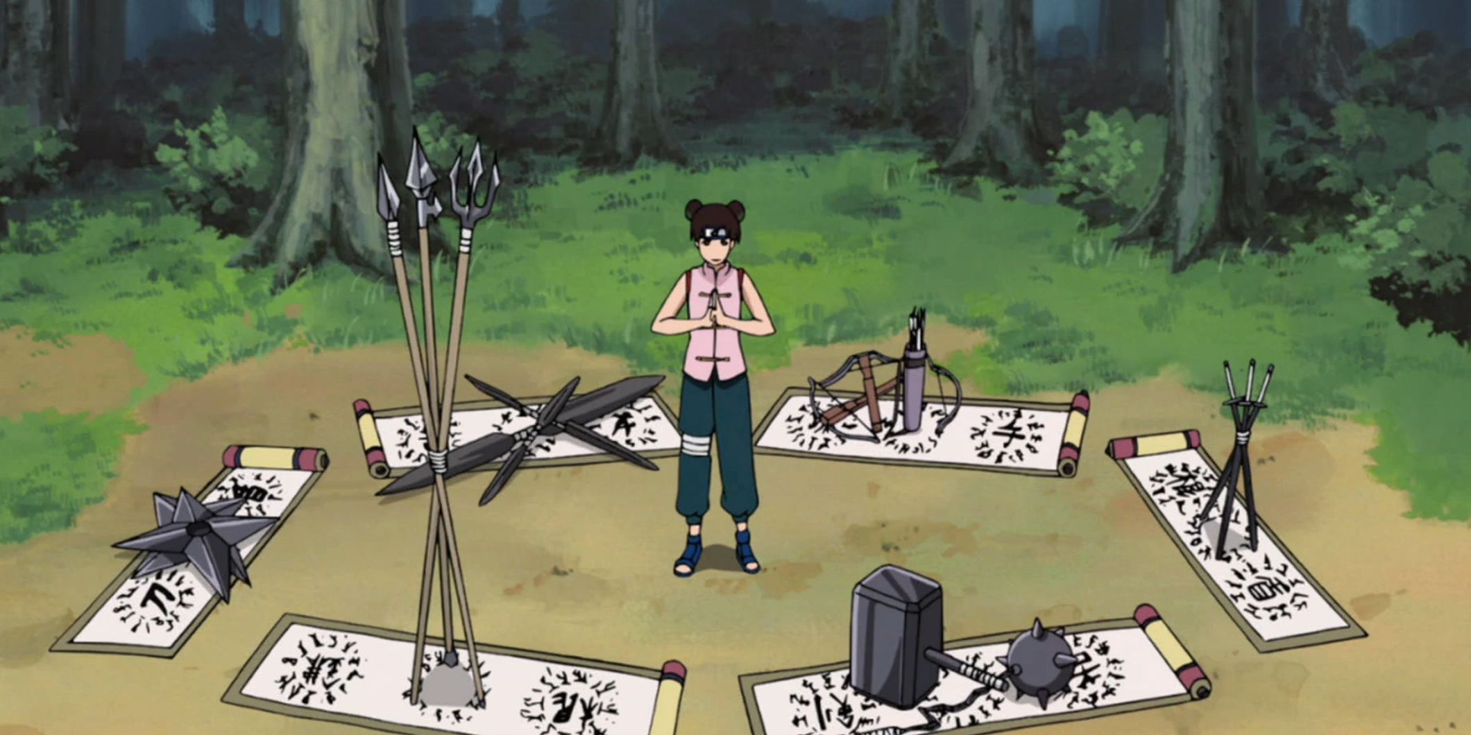 Tenten is surrounded by her weapons and scrolls in Naruto