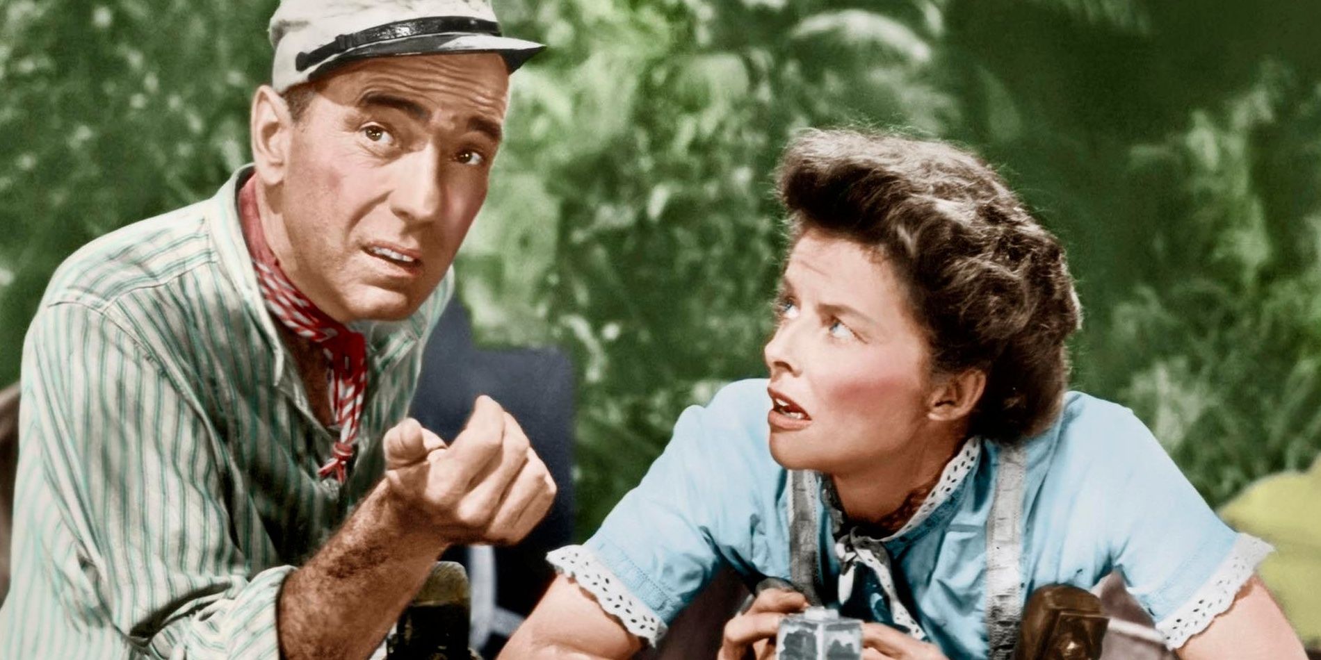 Charlie and Rose talking during a scene in The African Queen