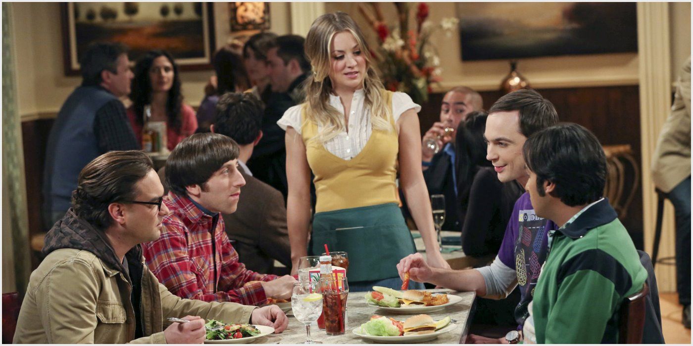 Howard, Raj, Leonard, Sheldon and Penny at a restaurant in The Big Bang Theory