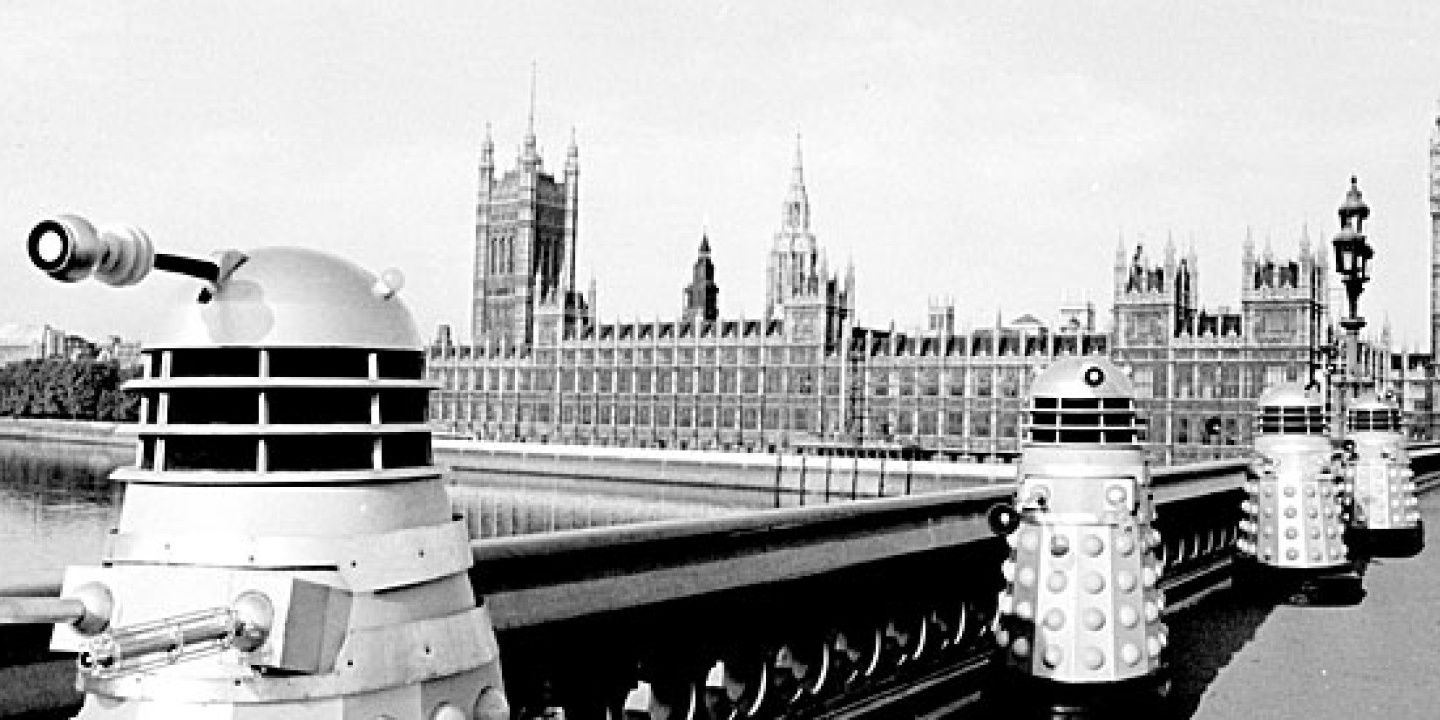Daleks lined up in London in Doctor Who