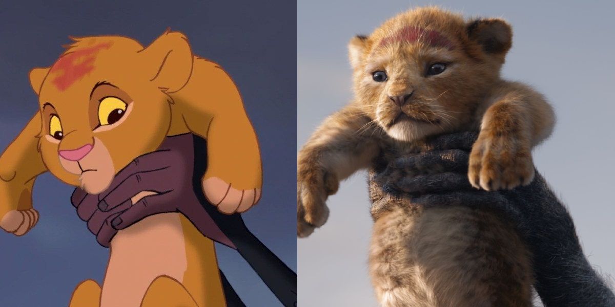 Split image showing baby Simba being held in the air by Rafiki in the 1994 and 2019 The Lion King movies
