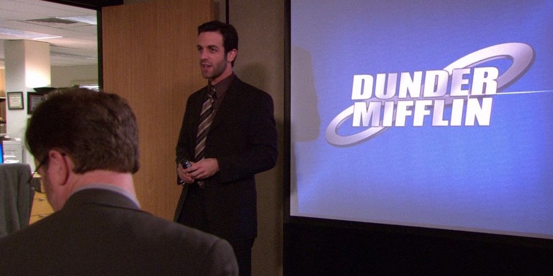 Ryan introduces Dunder Mifflin Infinity on The Office.