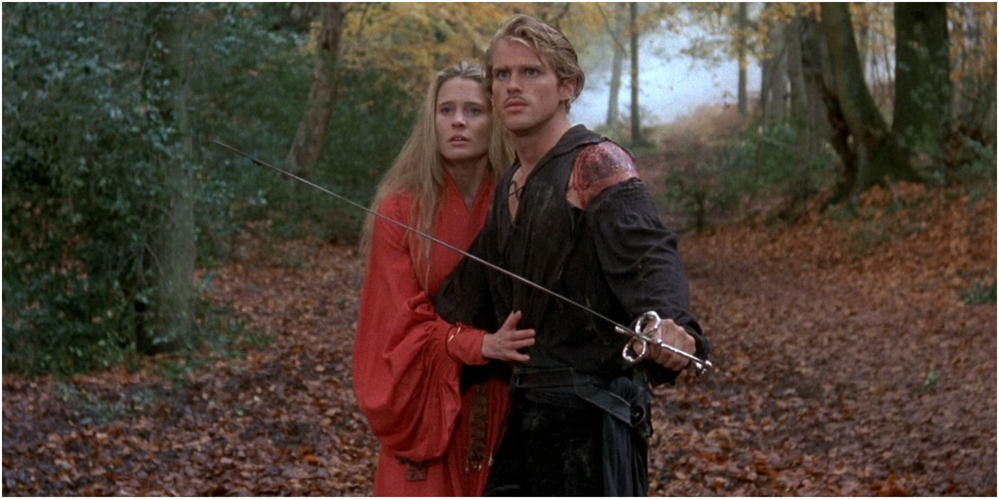 Buttercup and Wesley in the woods with a sword in The Princess Bride