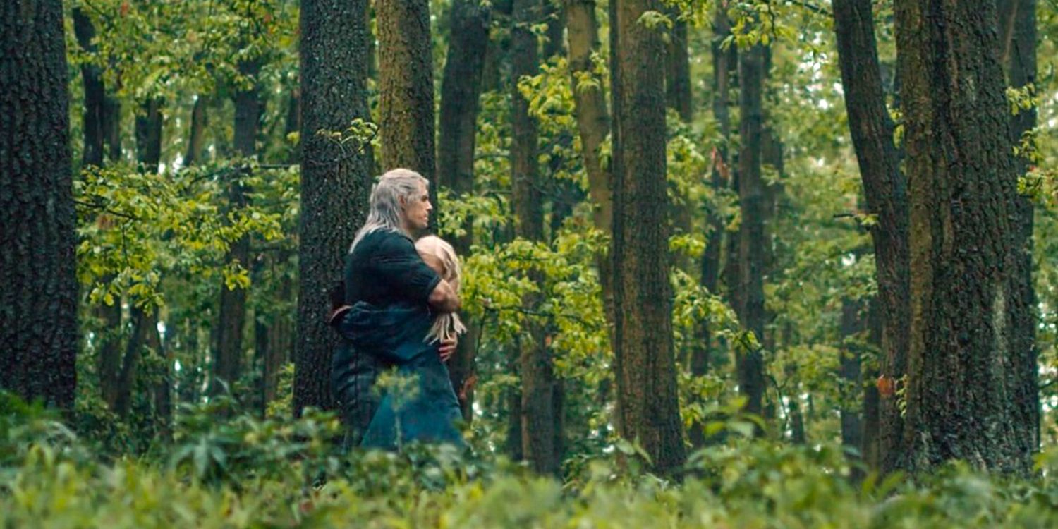 The Witcher Geralt and Ciri hugging in the forest