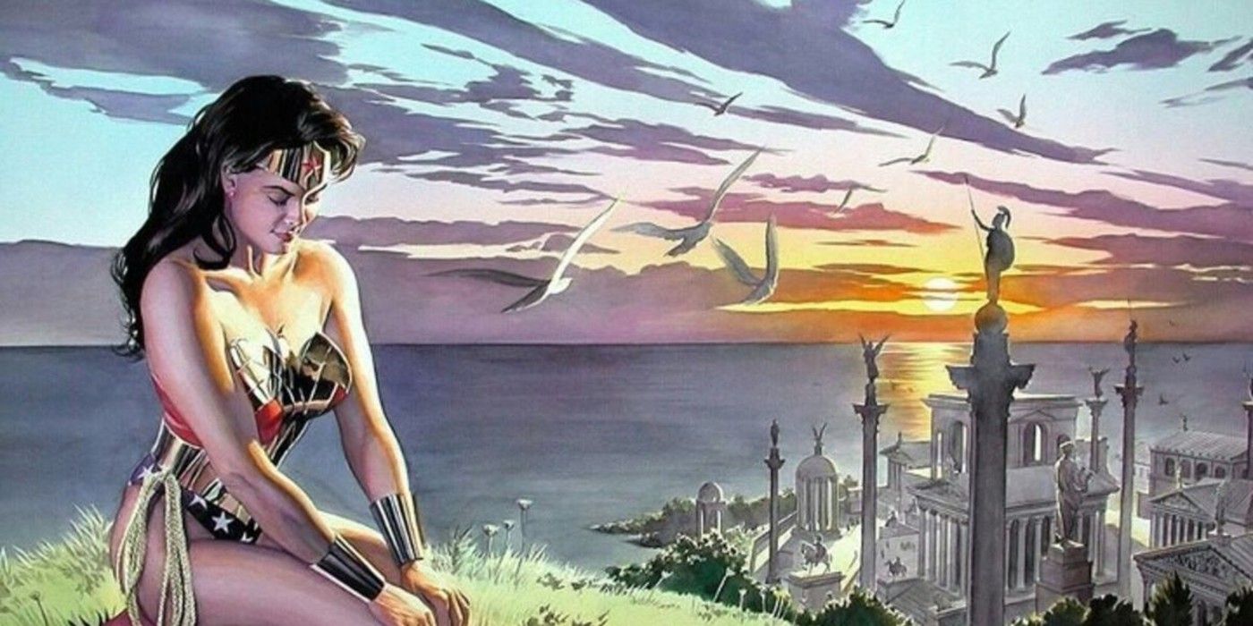 Wonder Woman kneels on a hill in front of Themyscira in DC Comics