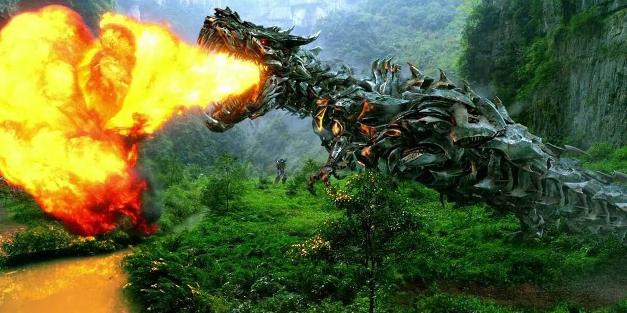 The trex Dinobot beathes fire in Age of Extinction