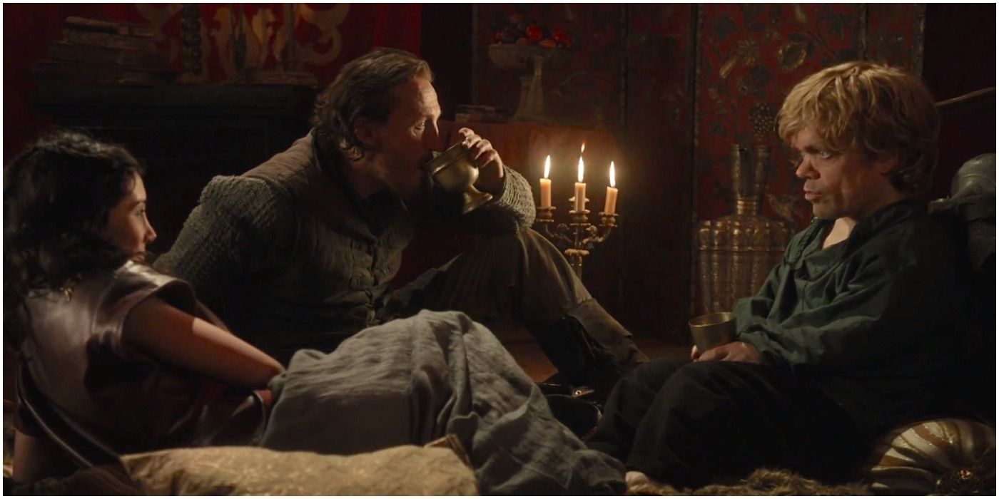 Shae, Bronn, and Tyrion drinking