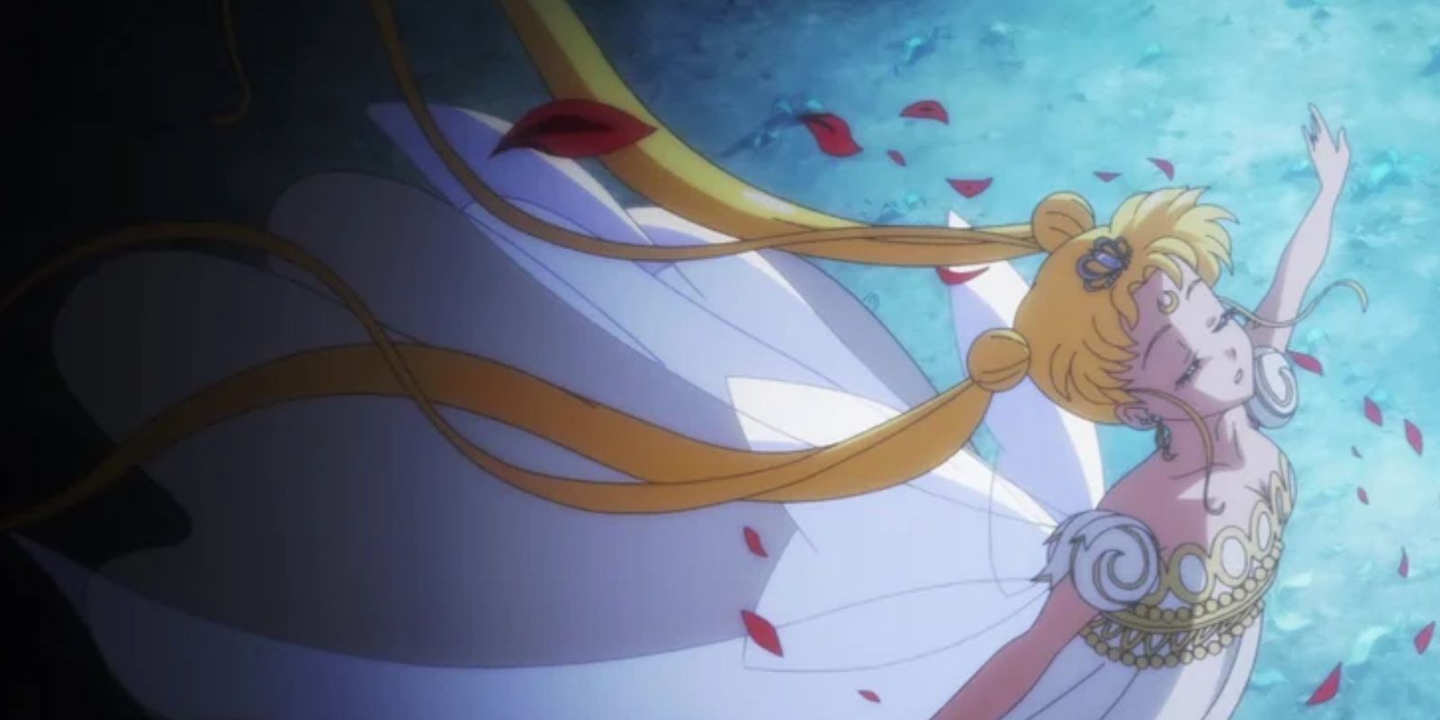 Usagi Tsukino is Princess Serenity in a white dress surrounded by rose petals in Sailor Moon Crystal