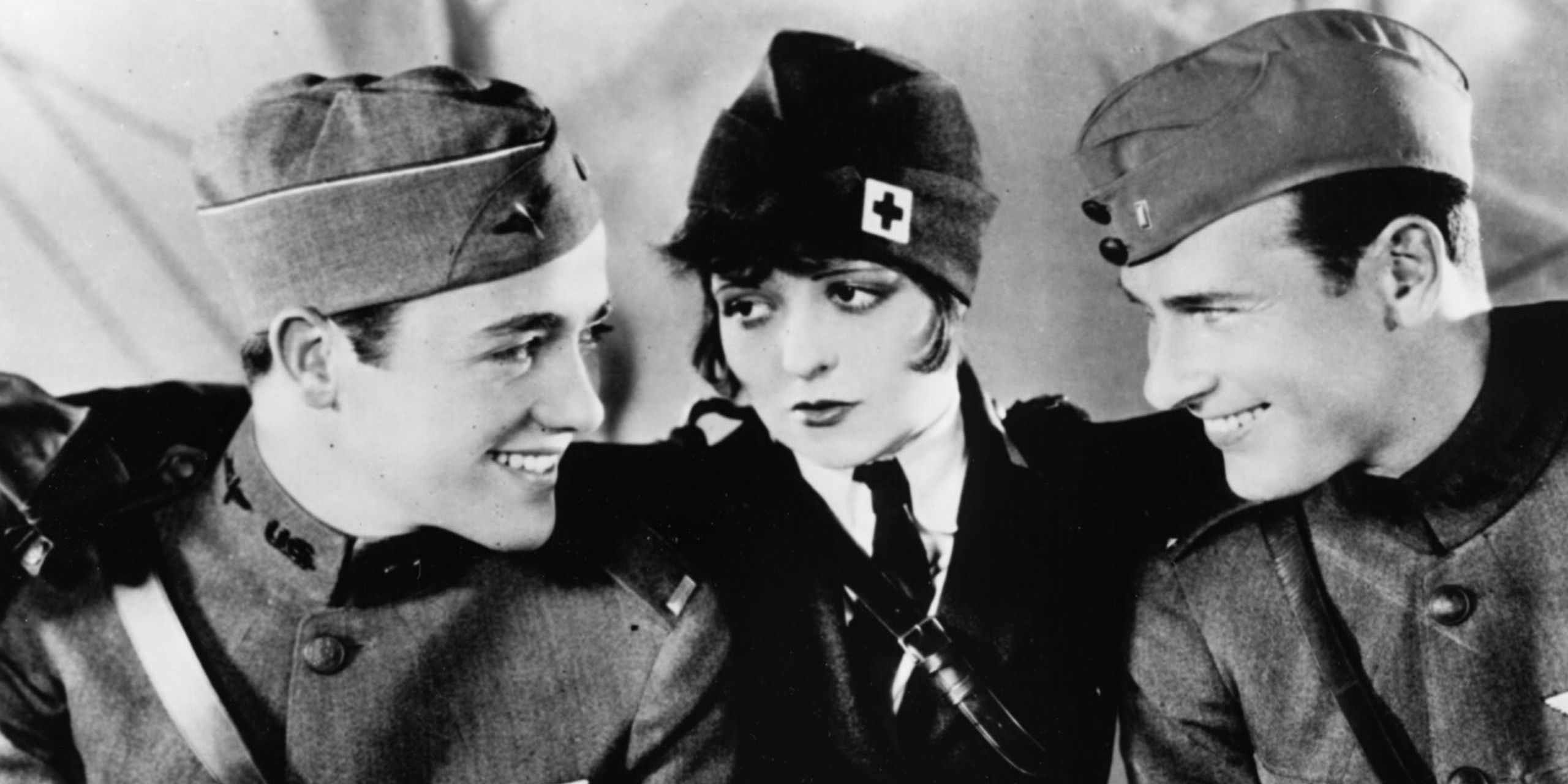 A scene of two men and a military woman from the silent film, Wings