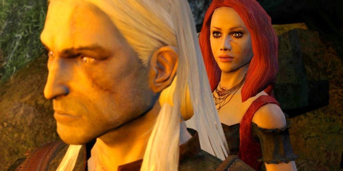 Abigail from Witcher 1 looks at Geralt from behind as he stares off moodily into the distance