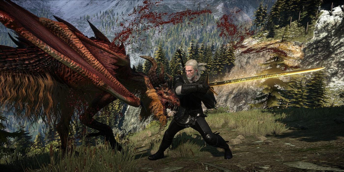 Geralt striking a monster in The Witcher 3 with Aerondight, a Relic silver sword that glows gold with successive strikes.