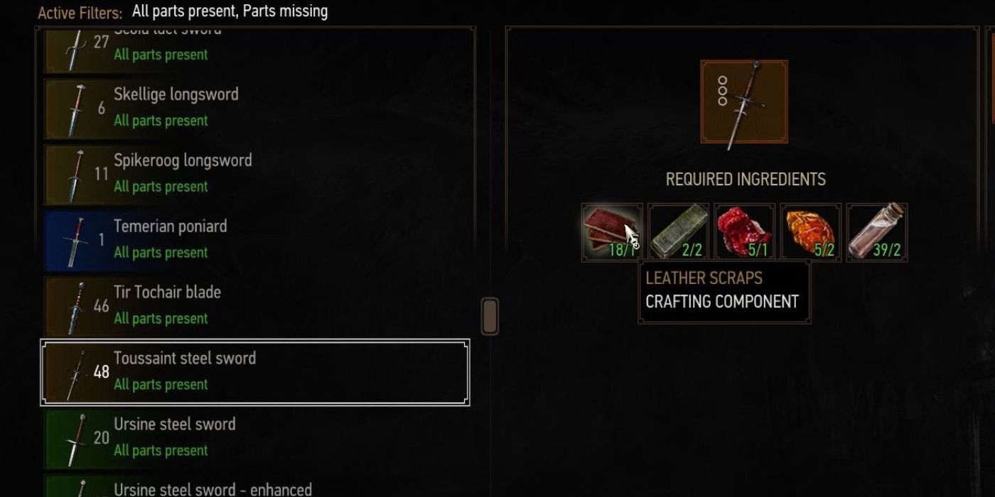 Witcher 3 Crafting Screen Sword