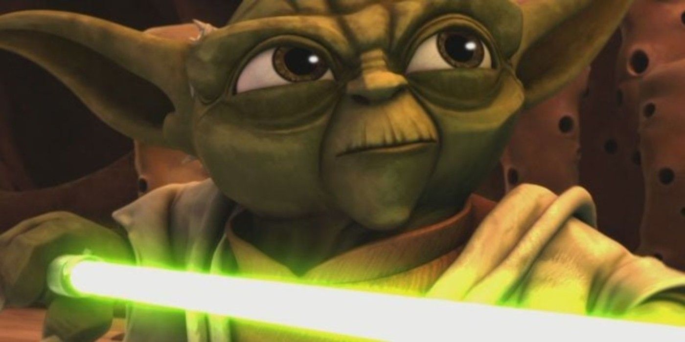 Yoda with his lightsaber drawn in Star Wars: The Clone Wars