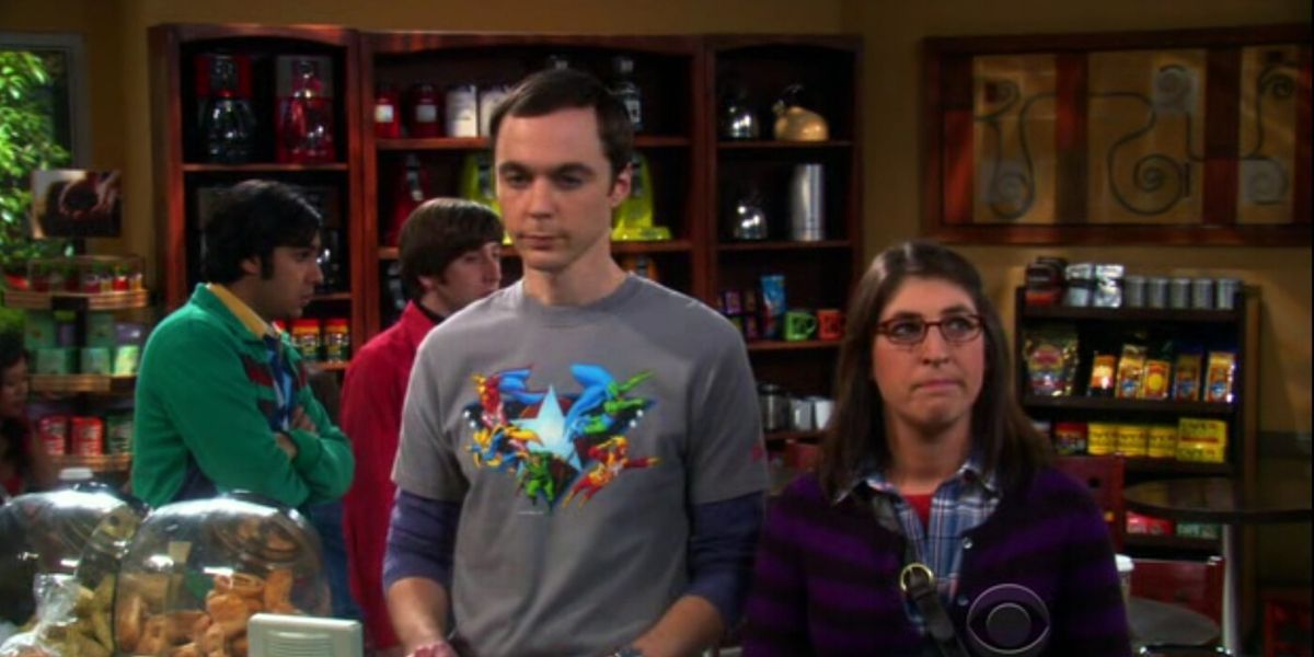 Amy and Sheldon meet for the first time and stand side by side on TBBT