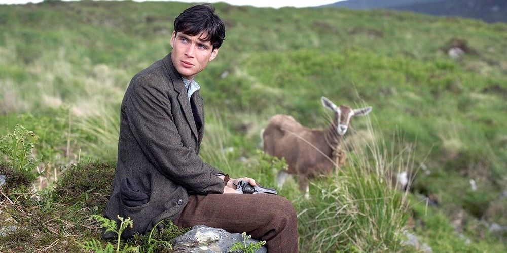 Cillian Murphy sits on a grassy hill near a deer in The Wind That Shakes The Barley