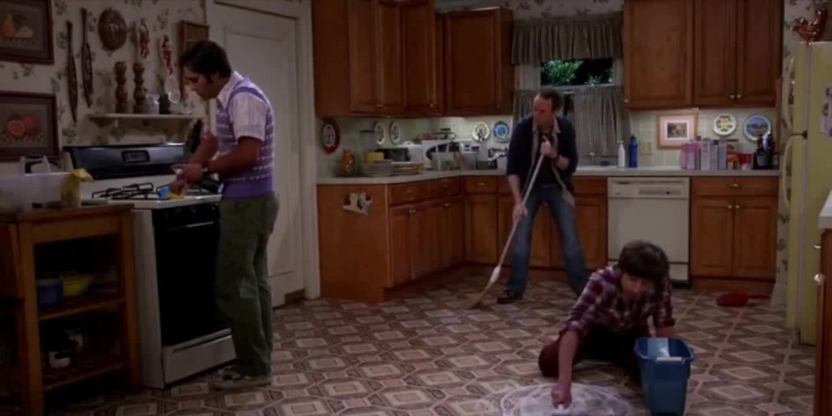 the gang cleaning Howard's kitchen on the Big Bang theory