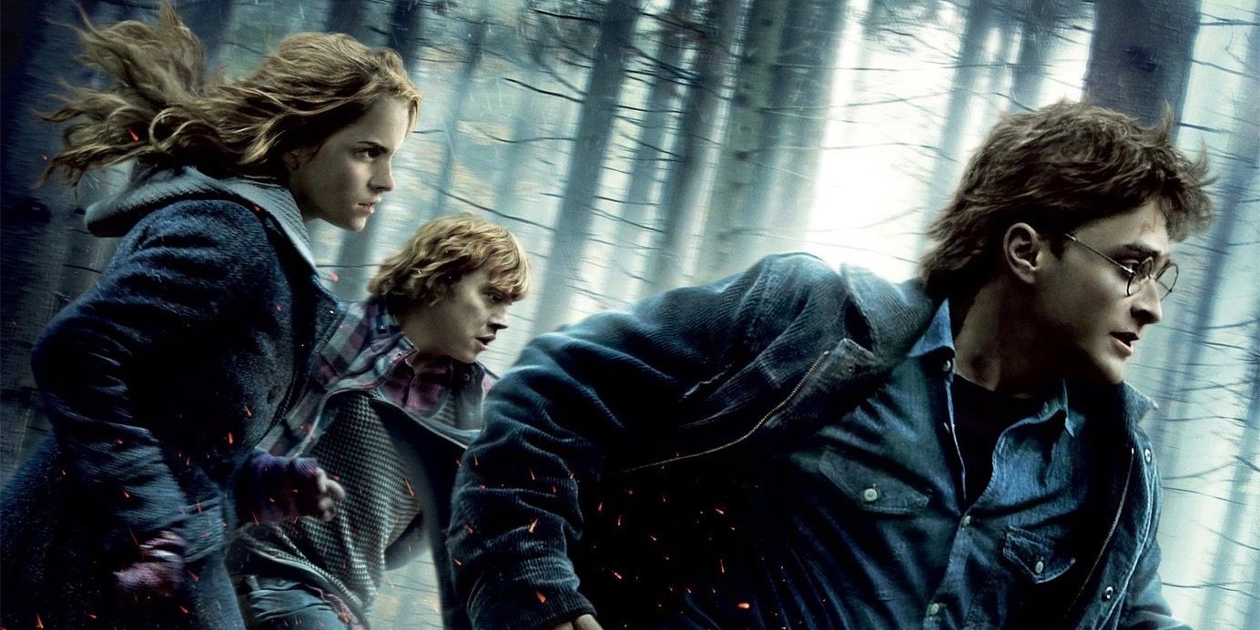 Harry Potter and the Deathly Hallows: Harry, Ron, and Hermione running through a forest