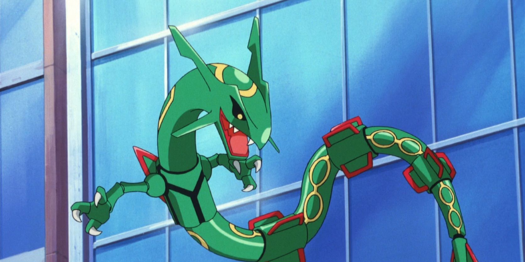 Rayquaza flying in front of a building in Pokémon Destiny Deoxys