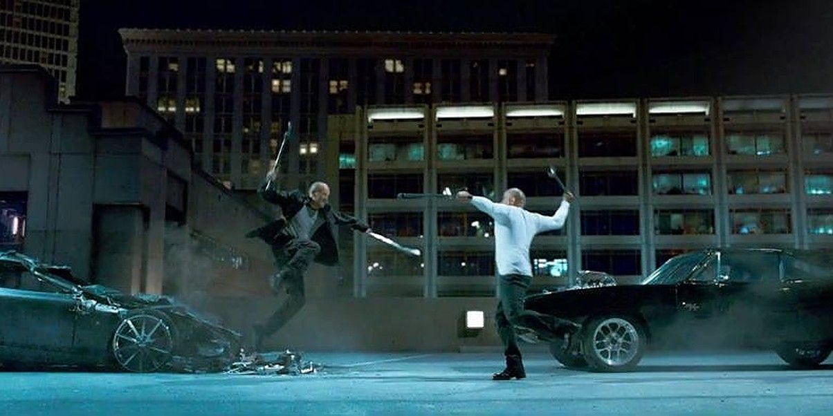 Dom and Shaw launch in air to fight in Furious 7