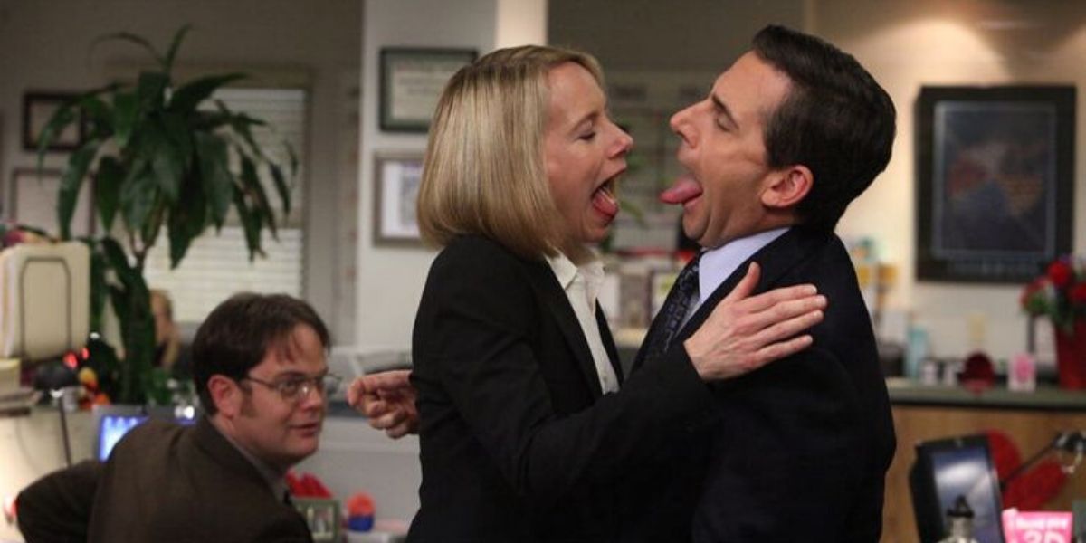 Holy and Michael kiss comically in The Office.