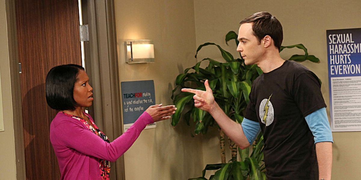 Janine Davis talks with Sheldon in HR on The Big Bang Theory