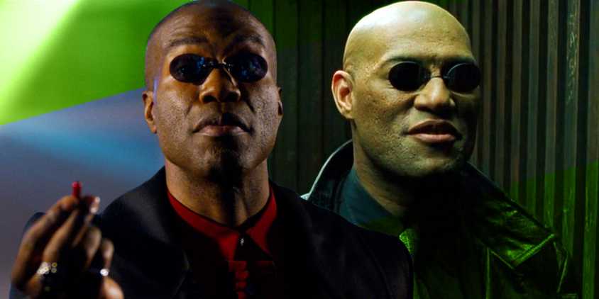 Collage of Yahya Abdul-Mateen II and Laurence Fishburne as Morpheus in The Matrix franchise.