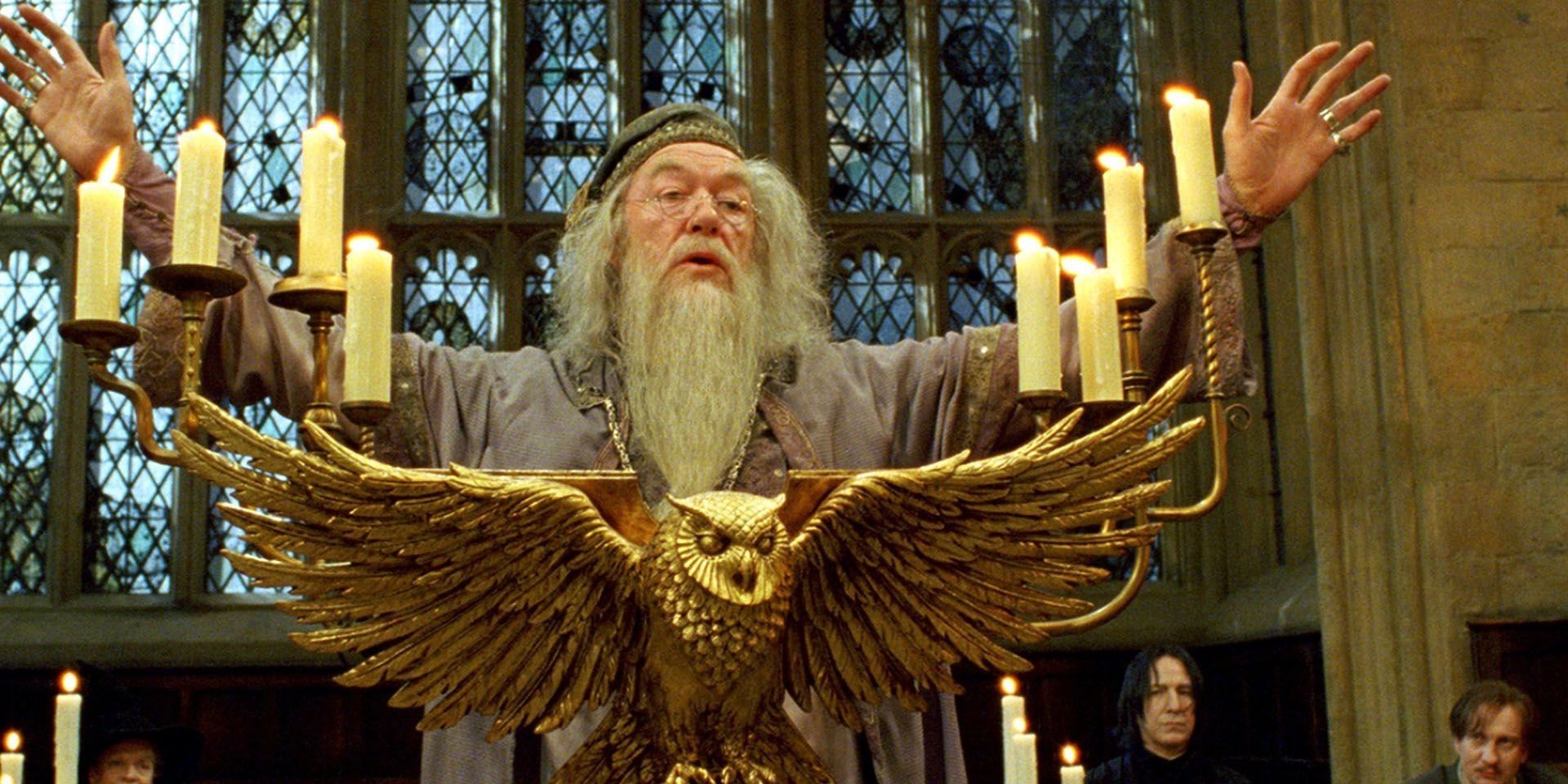 Dumbledore speaking at Hogwarts in Harry Potter