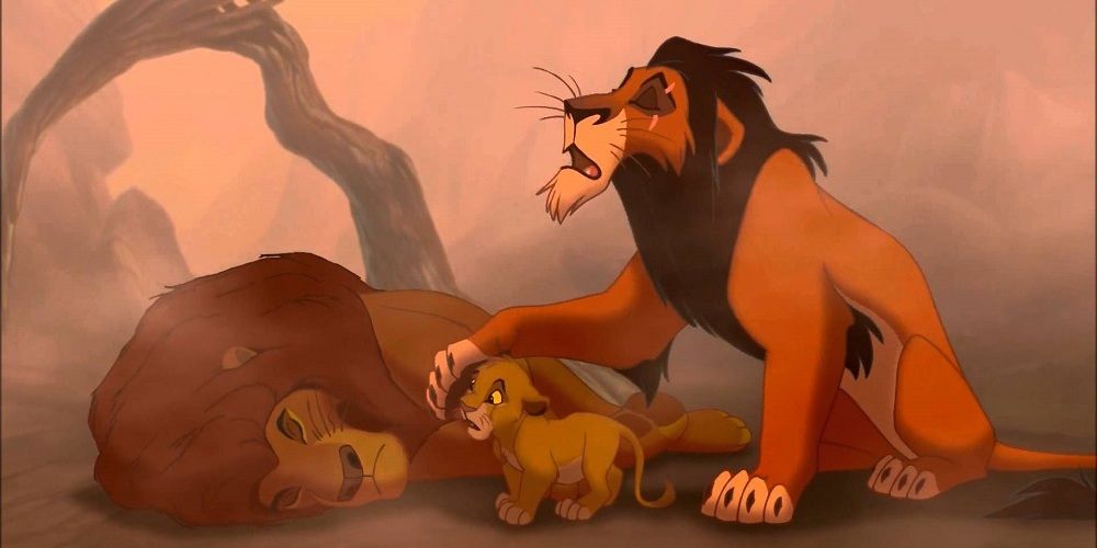 Scar standing by Simba after Mufasa's death on The Lion King