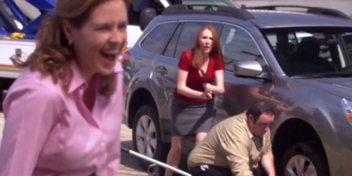 nellie drives Pams car and gets a flat tire on the office