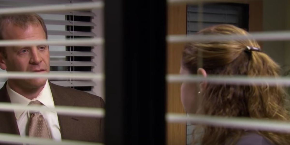 Toby talking to Pam about her art show on The Office