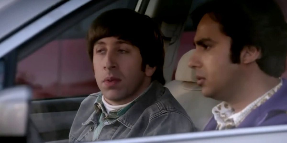 Howard in a car facing Raj who is in the driver seat on The Big Bang Theory