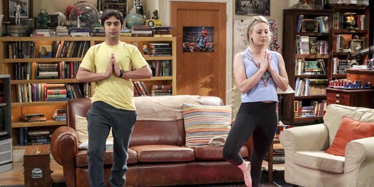 Raj and Penny doing yoga in her living room on The Big Bang Theory