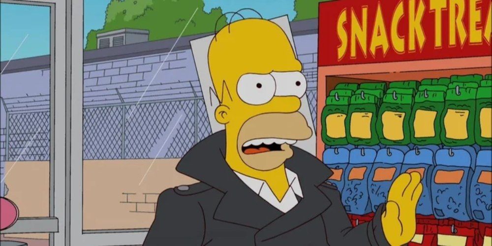 Homer wearing a trench coat with his hand up in the Kwik-E-Mart in The Simpsons