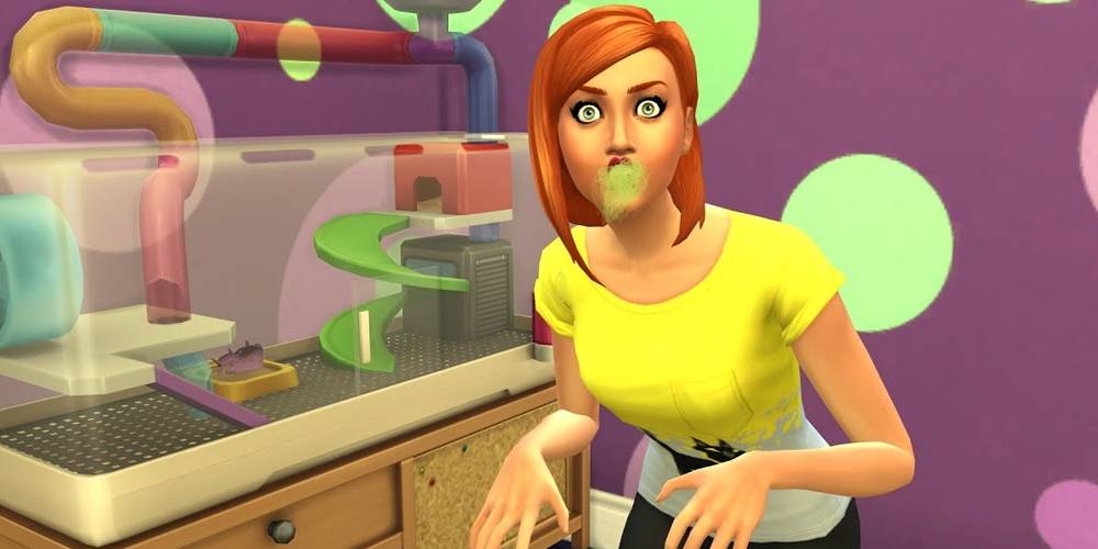 Um sim sucumbindo à febre do roedor raivoso no The Sims 4.