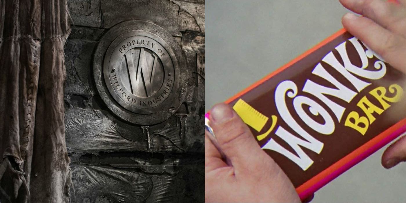 O logotipo da Wilford Industries e um Wonka Bar.