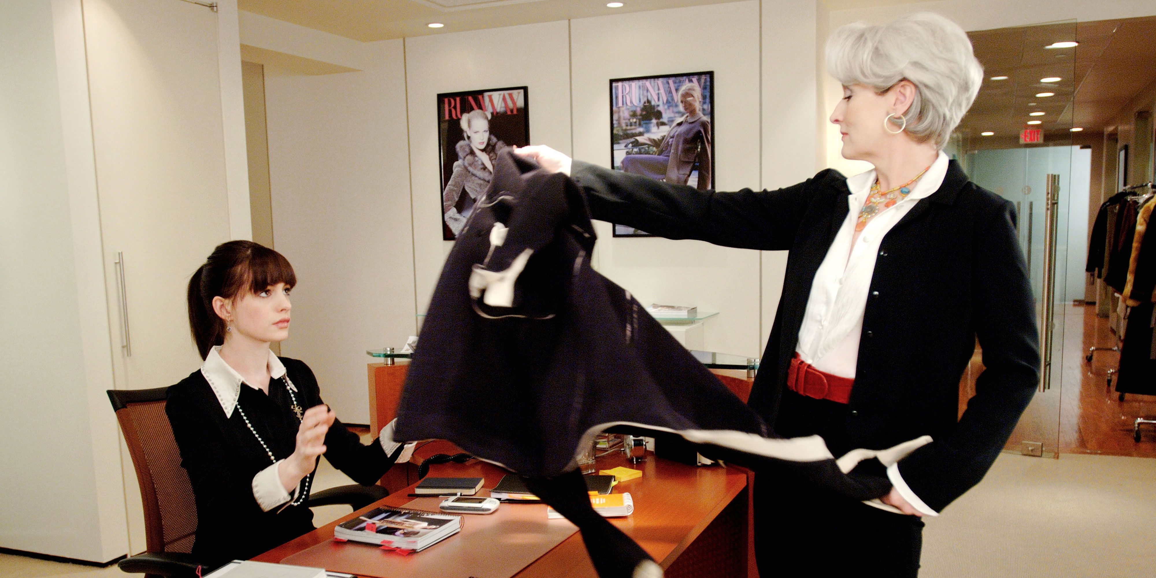 Miranda Priestly throwing her coat at Andy in The Devil Wears Prada