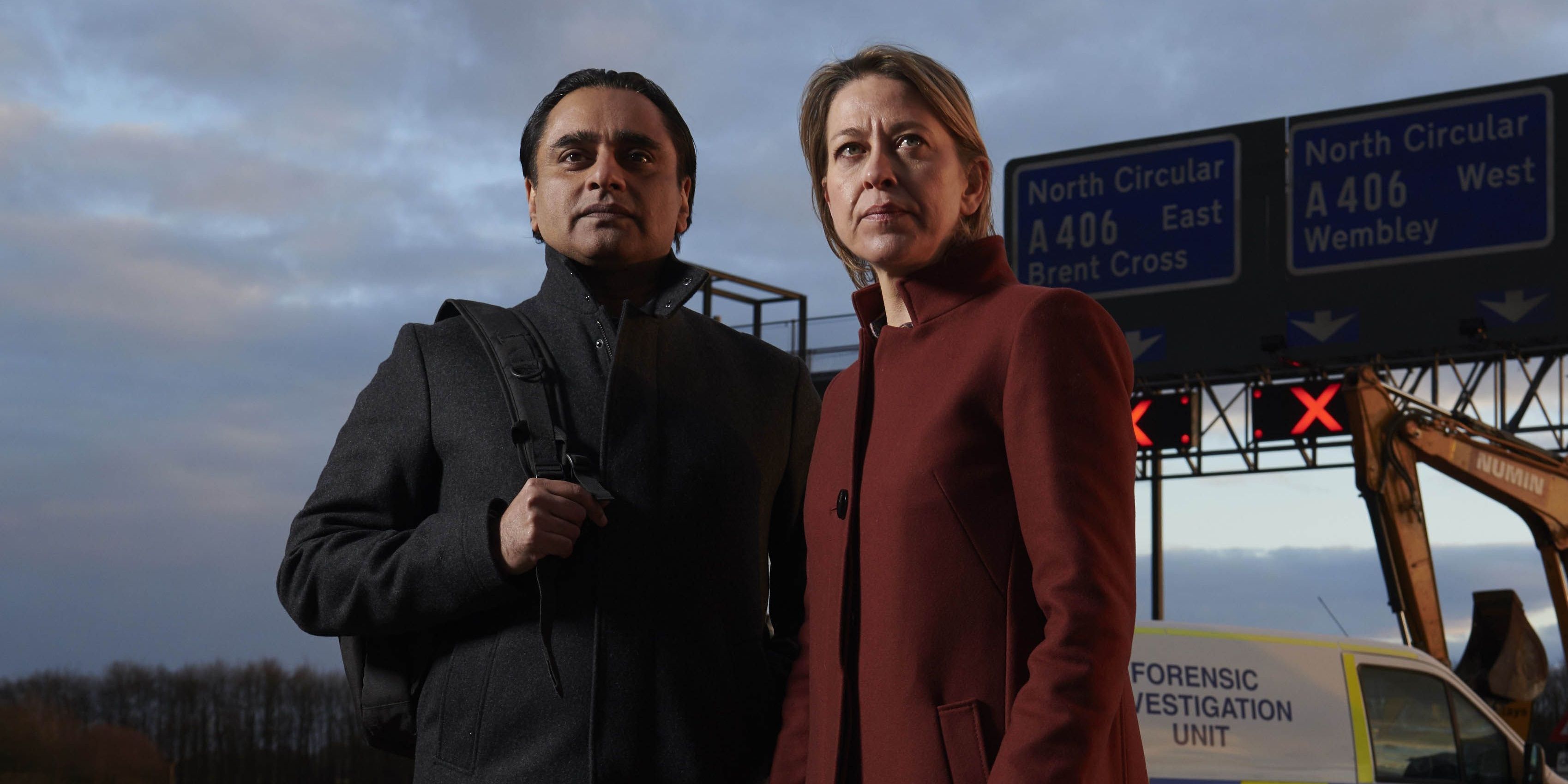 Nicola Walker as Cassie and Sanjeev Bhaska as Sunny looking into the distance in Unforgotten.