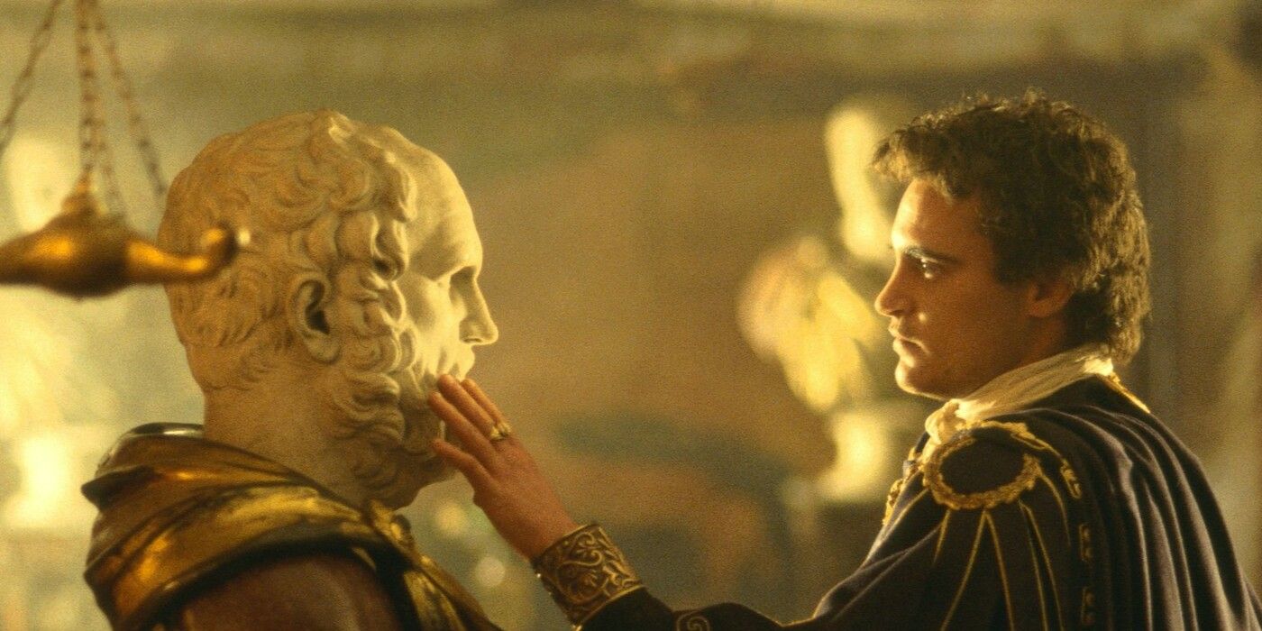 Commodus touches a statue of his father in Gladiator