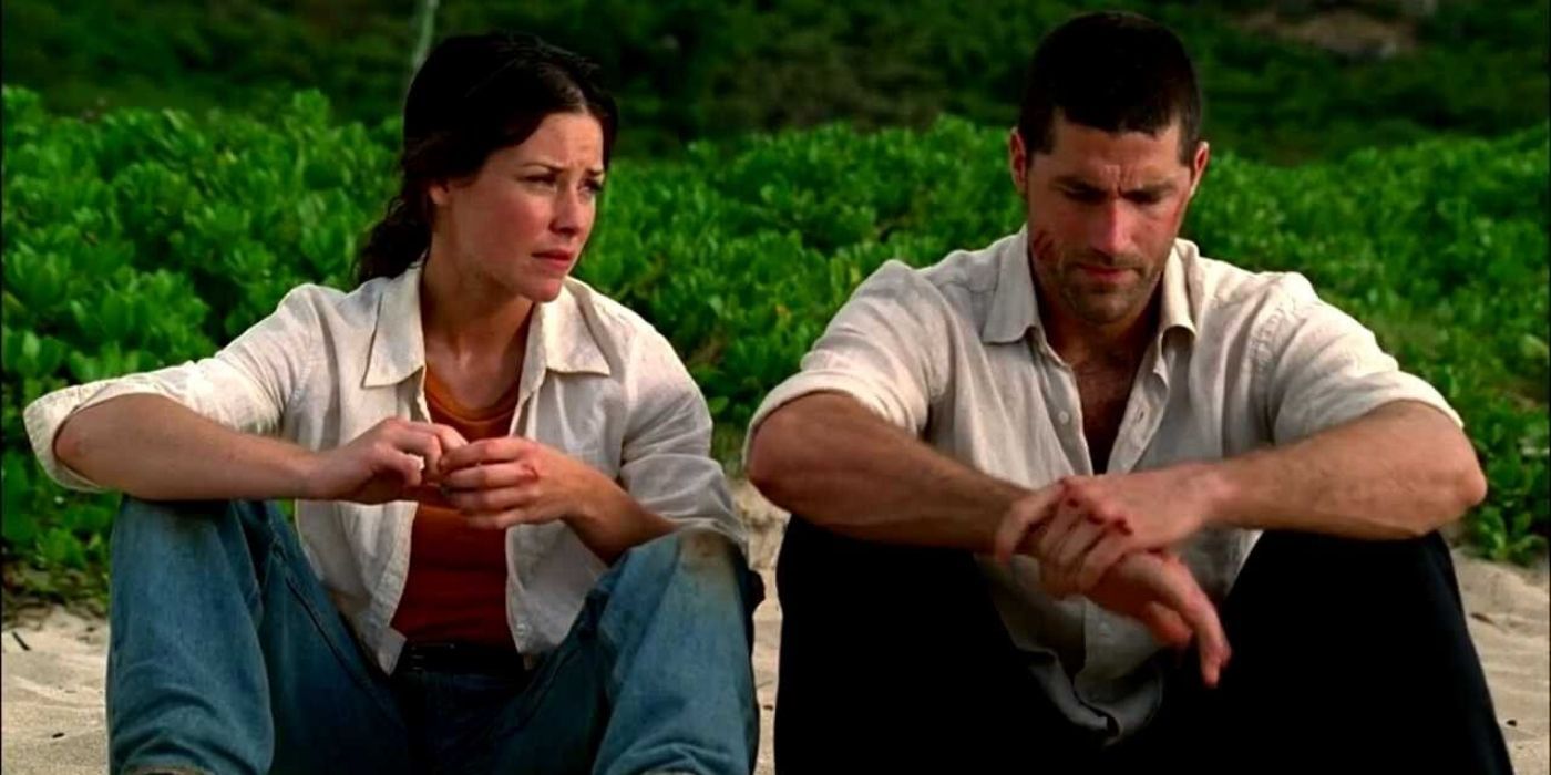 Kate and Jack sitting on the beach on Lost