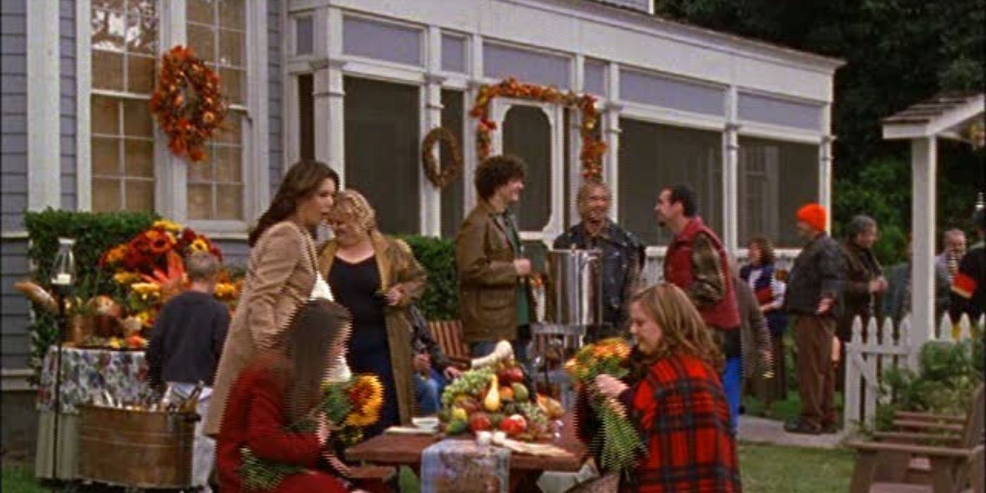 Lorelai and Rory outside Sookie's house for Thanksgiving on Gilmore Girls