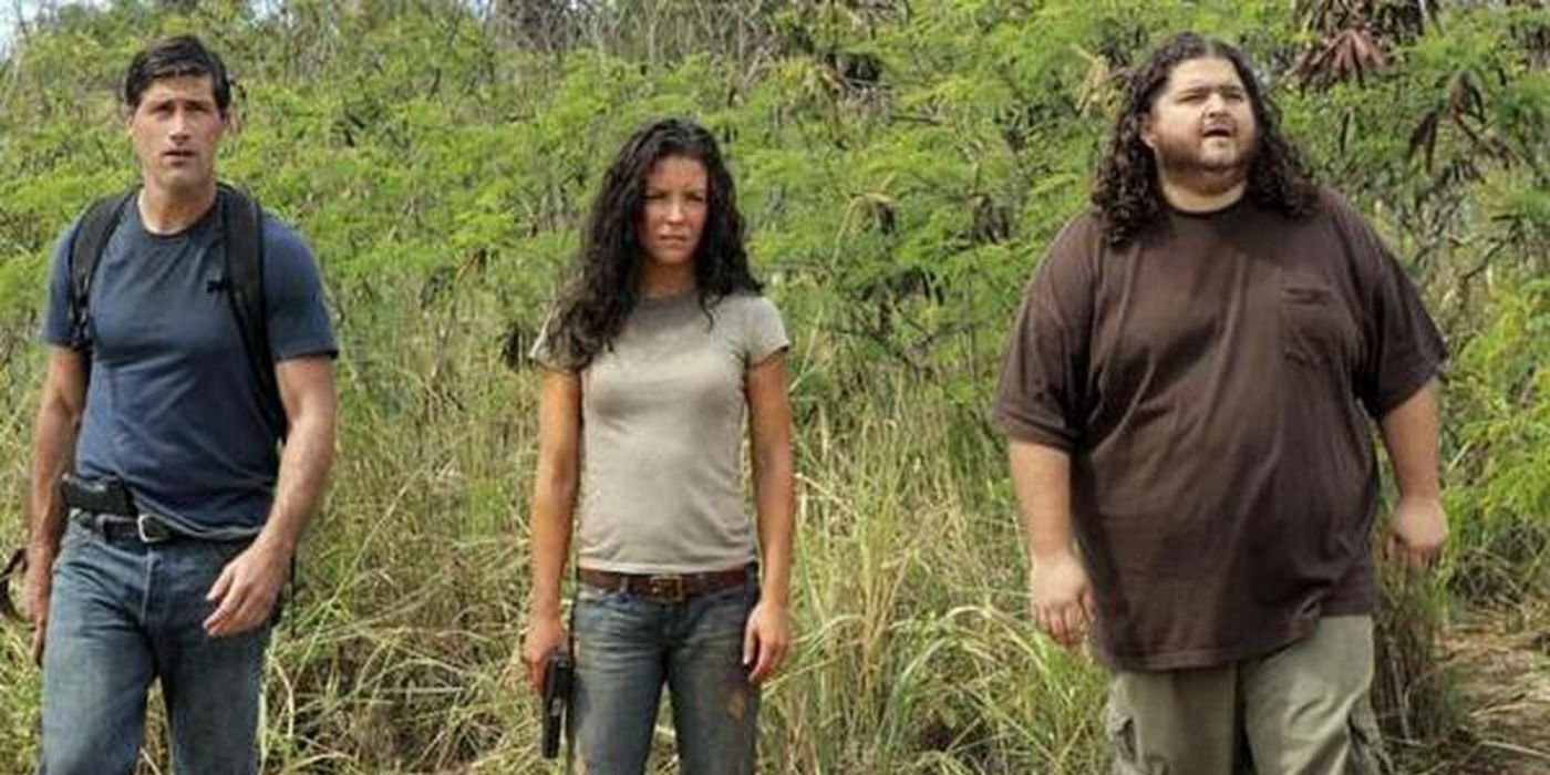 Jack, Kate and Hurley standing in the jungle on Lost