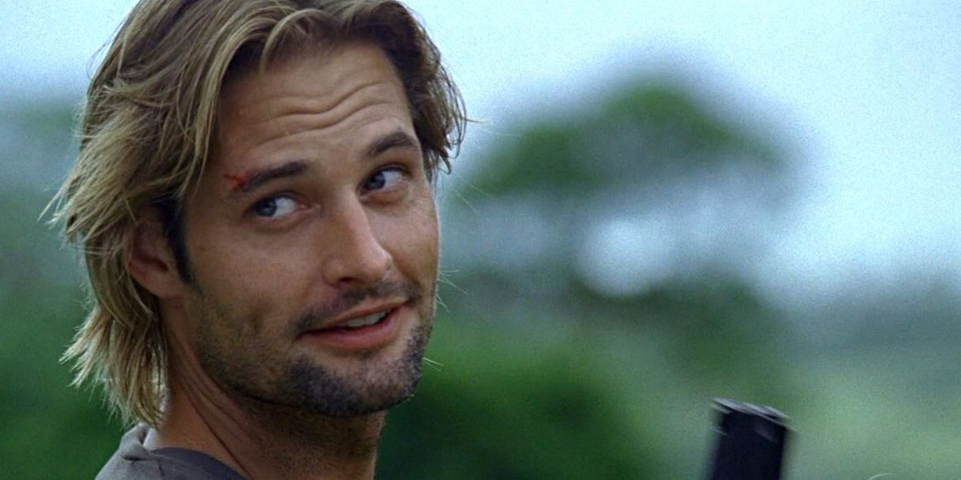 Josh Holloway as Sawyer in Lost, looking smug and holding a gun