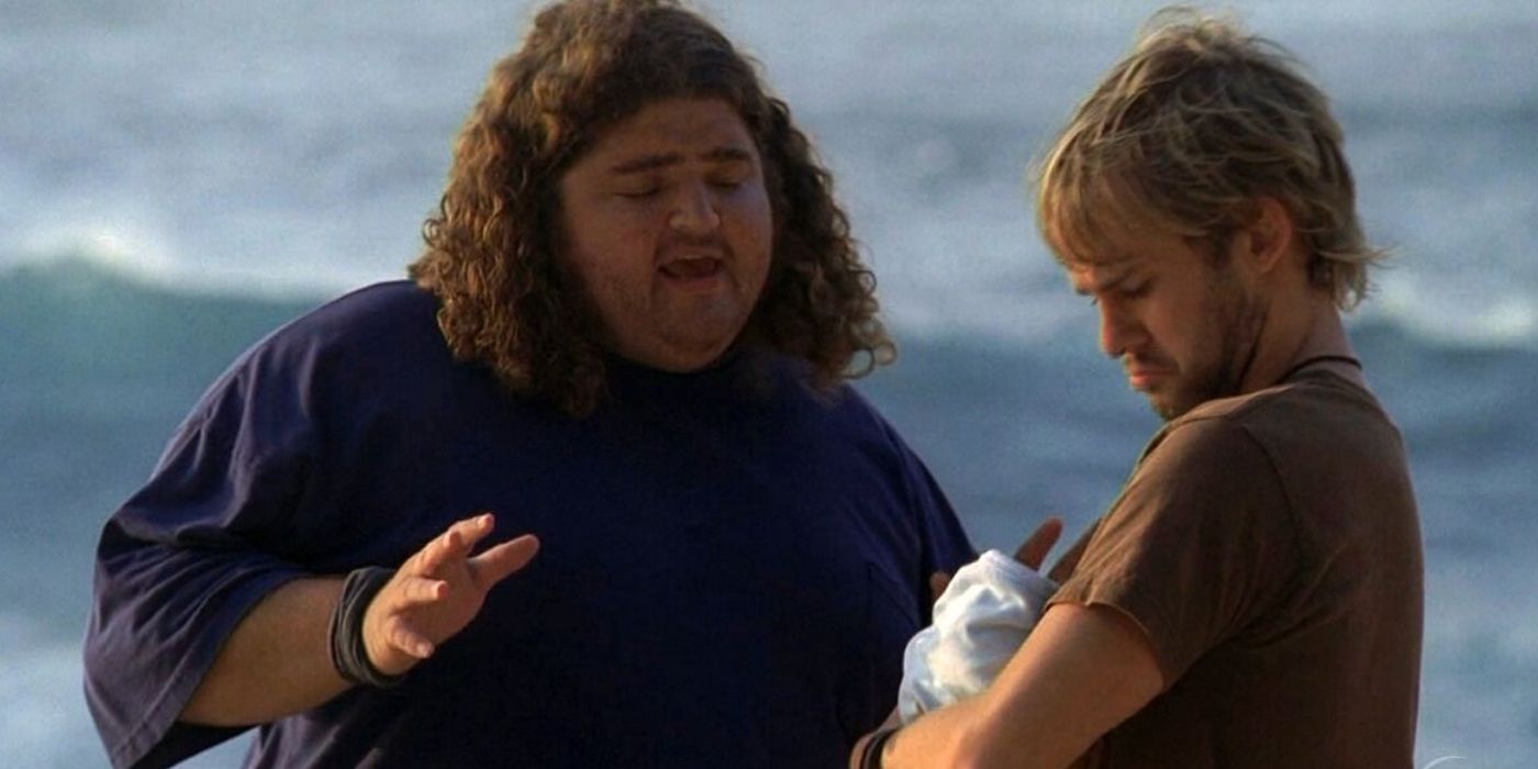 Hurley and Charlie talking while Charlie holds Aaron on Lost