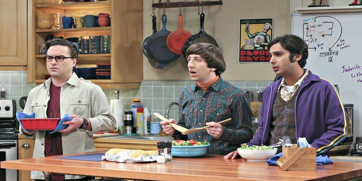 Raj, Howard, and Leonard in the kitchen talking on an episode of TBBT