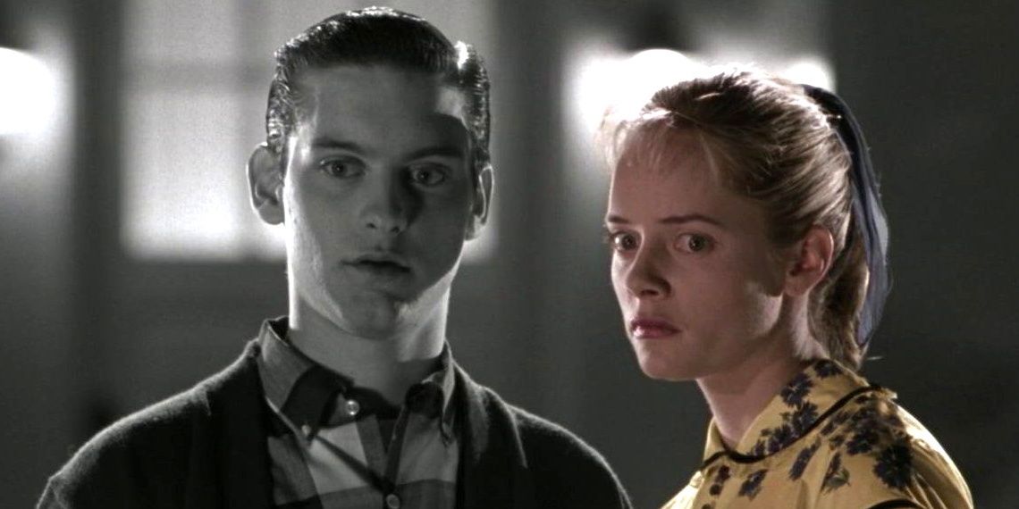 Tobey Maguire in black and white and Mary Shelton in color in Pleasantville