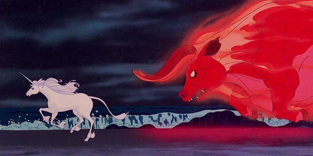 The Last Unicorn's protagonist running from the Red Bull on the beach