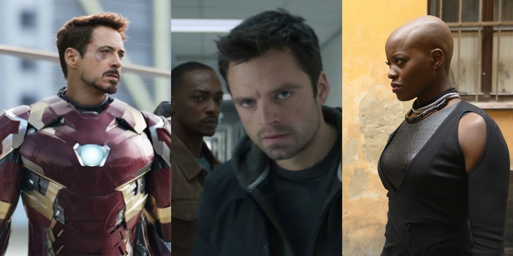 A collage of Iron Man in Captain America Civil War, Sam and Bucky, and then Ayo in The Falcon and The Winter Soldier